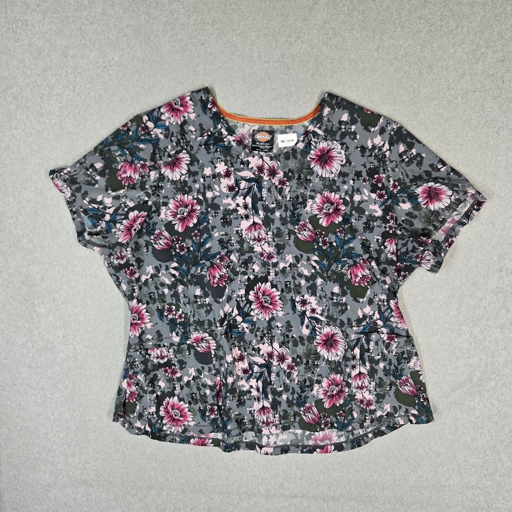 Dickies Women Scrub Top 3XL / 3XG 3TG Gray Floral DK623 Printed Scrub